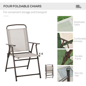 Garden dining set with four foldable chairs and sun umbrella for comfortable outdoor entertaining
