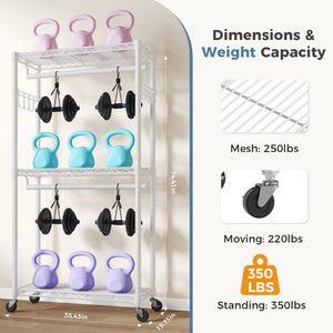 Multilevel metal shelving unit with weights and dimensions displayed