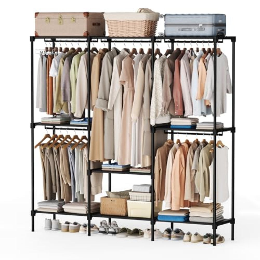 Large wardrobe organizer with shelves, hanging space, and enclosed storage compartments