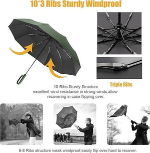 Black folding umbrella with durable waterproof fabric and reinforced construction
