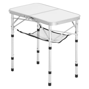 Portable folding table with a white top and silver frame on a white background