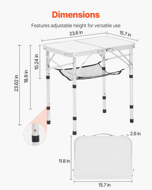 Dimensions of a folding table with adjustable height on a white background
