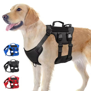 Tactical service dog harness with dual handles and reflective stitching