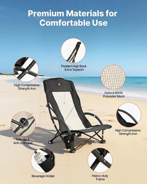 High back folding beach chair packed in carry bag