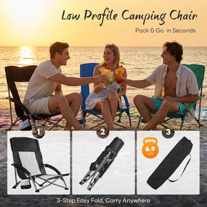 People sitting on low profile camping chairs by the beach with product features displayed.