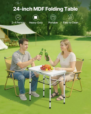 24-inch MDF folding table with a man and woman sitting outdoors, enjoying drinks and food.