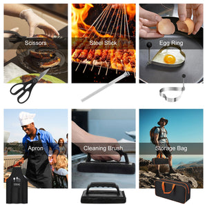 professional griddle tools being used for outdoor BBQ cooking