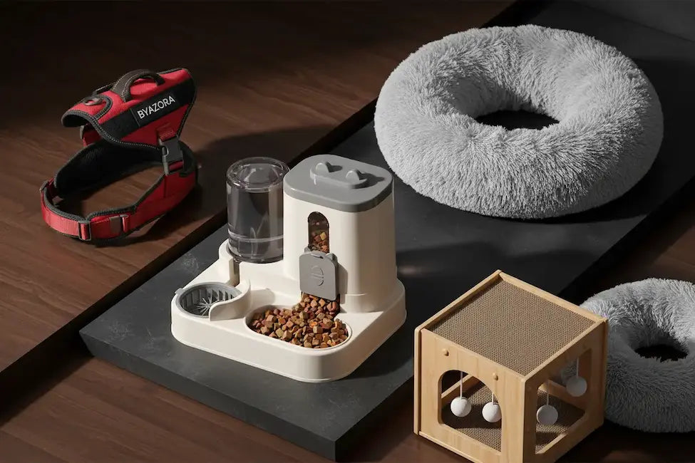 Pet accessories including a collar, food dispenser, and toys on a wooden surface.