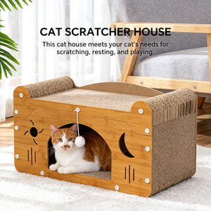 Interactive cat scratcher couch with rolling teaser ball