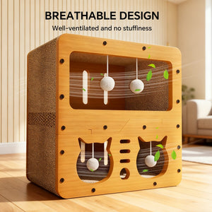 Interactive cat scratcher sofa with rolling teaser balls