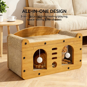 Interactive cat scratcher sofa with two teaser balls