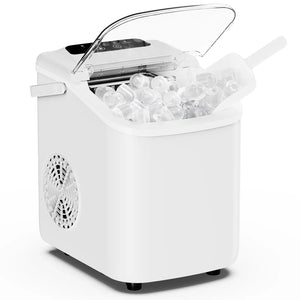 White portable ice maker with a clear container filled with ice cubes on a white background