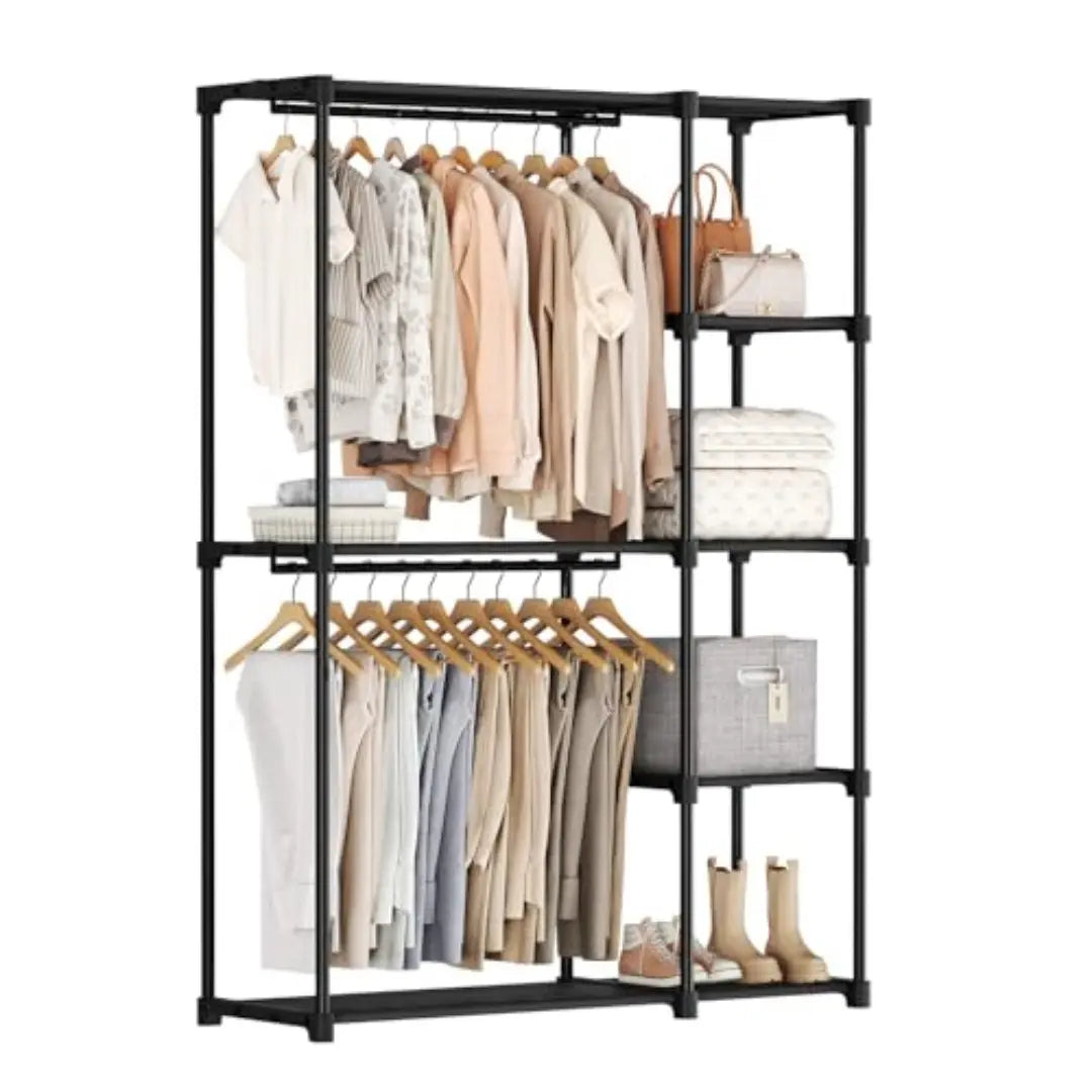 Freestanding wardrobe closet with hanging rod and shelves