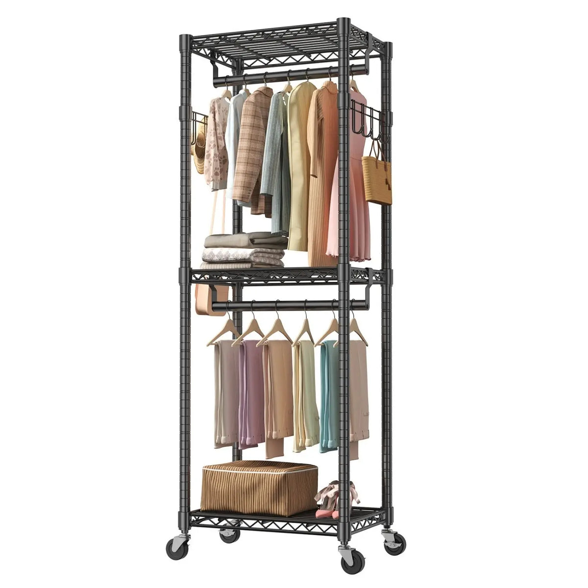 Heavy duty adjustable clothes hanger rack with wheels
