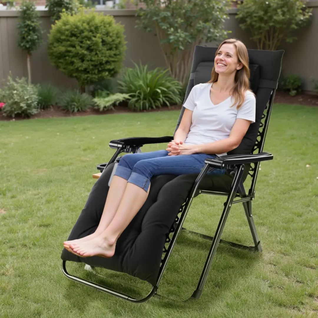Zero gravity reclining chair with cushion and cup holder