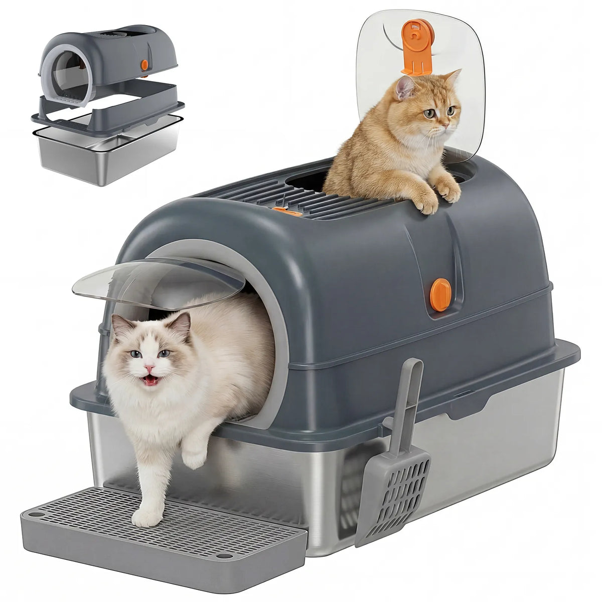 Odor-free stainless steel cat litter box with double entry lid