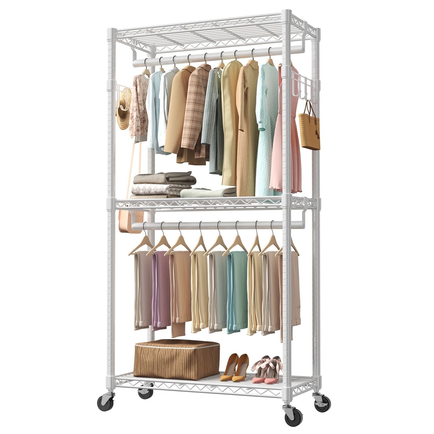Clothing rack with multiple shelves and clothes on a white background
