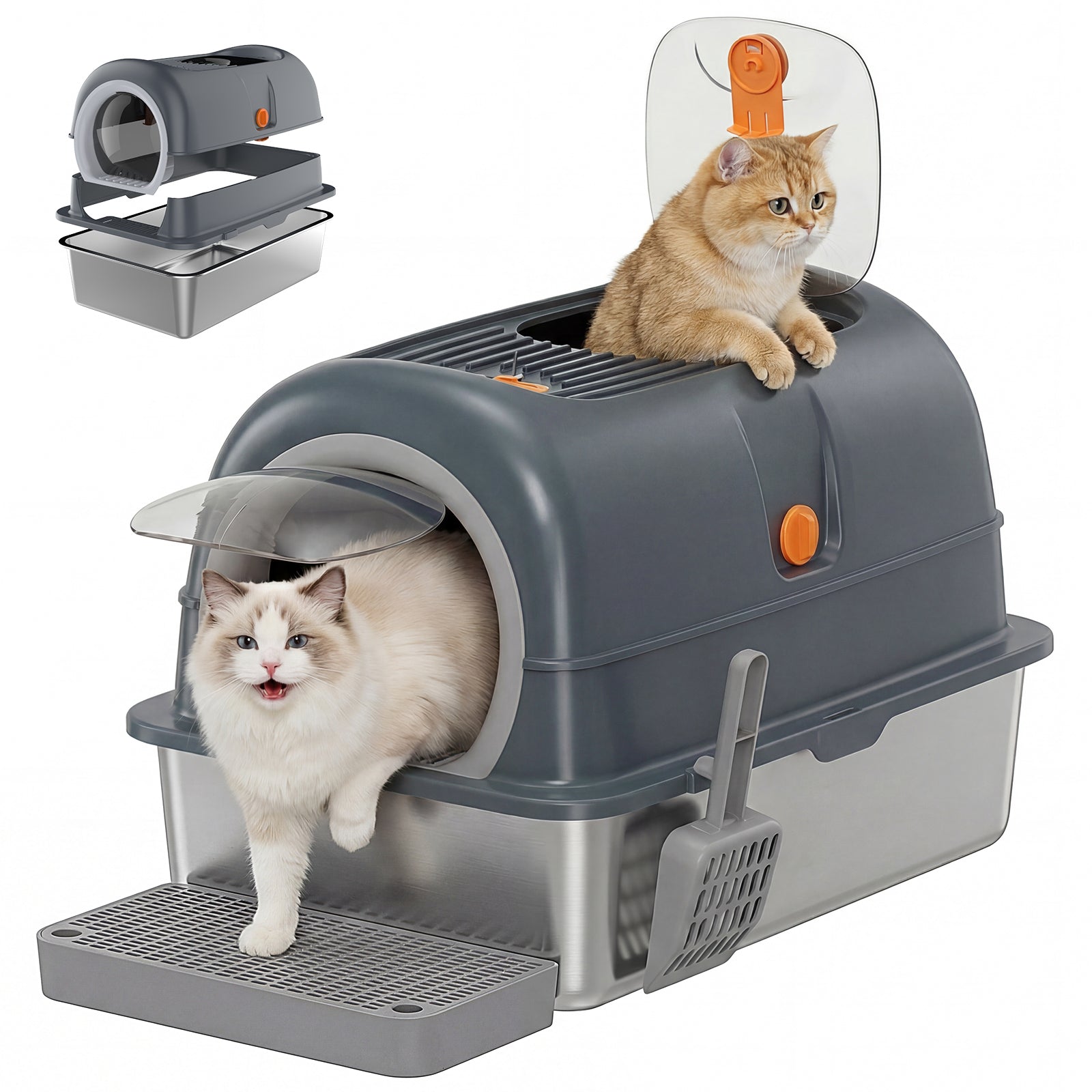 Odor-Free Stainless Steel Cat Litter Box with Double Entry Lid – Large Metal Litter Box for Multi-Cat Homes
