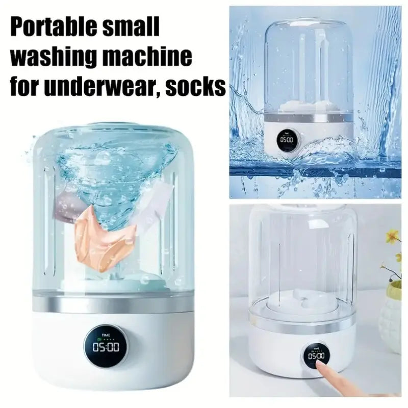 Portable mini washing machine with USB rechargeable cordless design for underwear, socks, and baby clothes