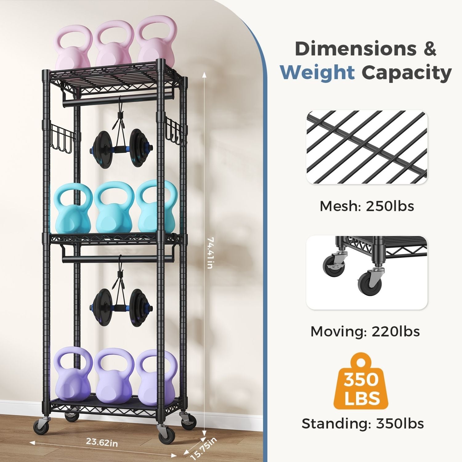 Black metal storage rack with weightlifting equipment on a wooden floor, featuring dimensions and weight capacity information.