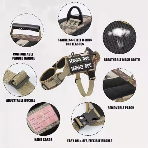 Service dog harness with various features highlighted on a white background