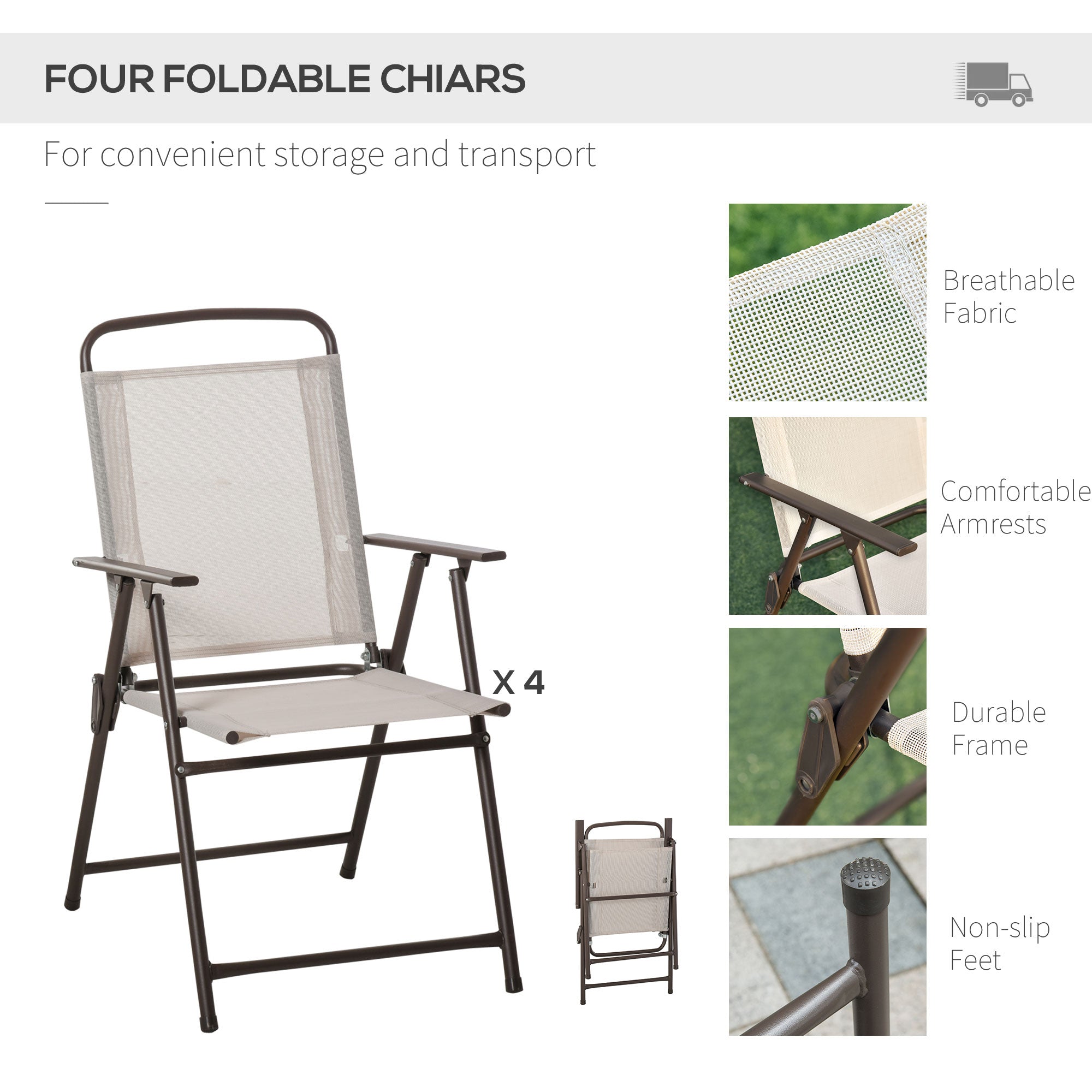 Garden dining set with four foldable chairs and sun umbrella for comfortable outdoor entertaining