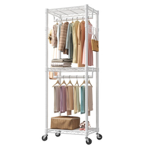White clothing rack with clothes and bags on a white background
