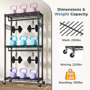 Gym storage rack with weights and kettlebells, showing dimensions and weight capacity.