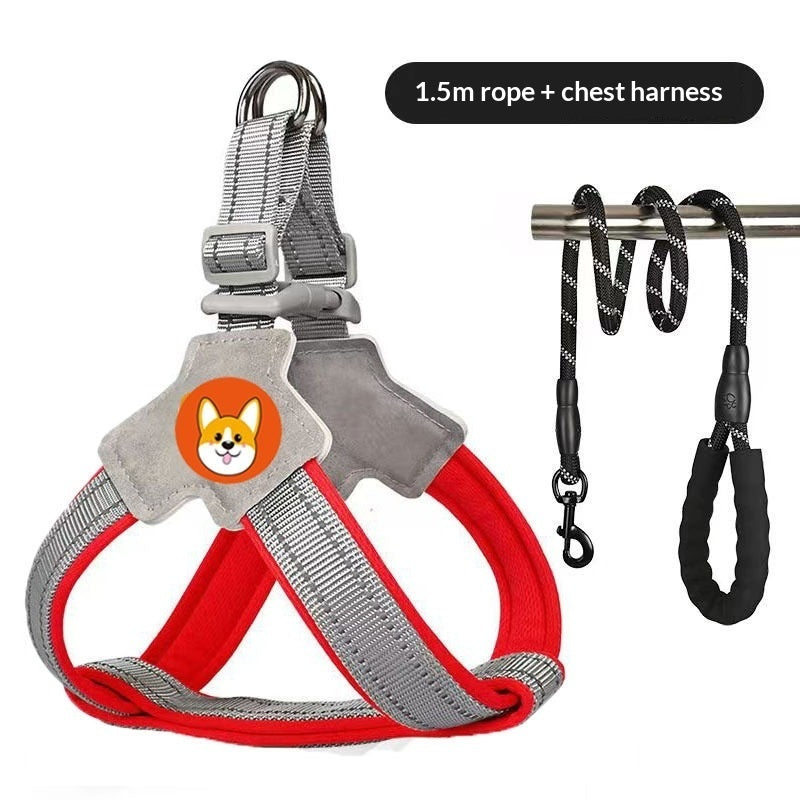 Red Vest-Style Dog Harness with Reflective Black Leash