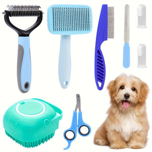 8-Piece Dog Grooming Kit with Self-Cleaning Brush in Pink and Blue