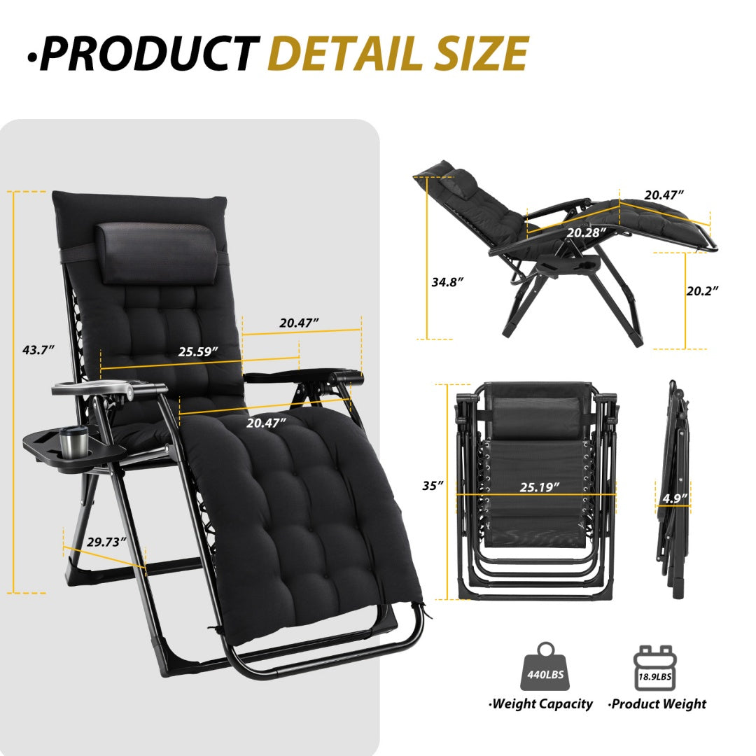 Portable zero gravity lawn chair with convenient side tray for drinks, phones, and personal items