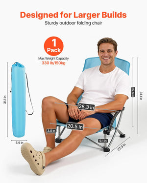 Portable high back folding beach chair for adults with extra wide seat, mesh back, cup holder, and carry bag