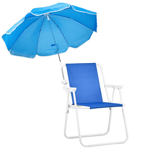 Portable beach seating solution with attached umbrella for camping, fishing, and park visits