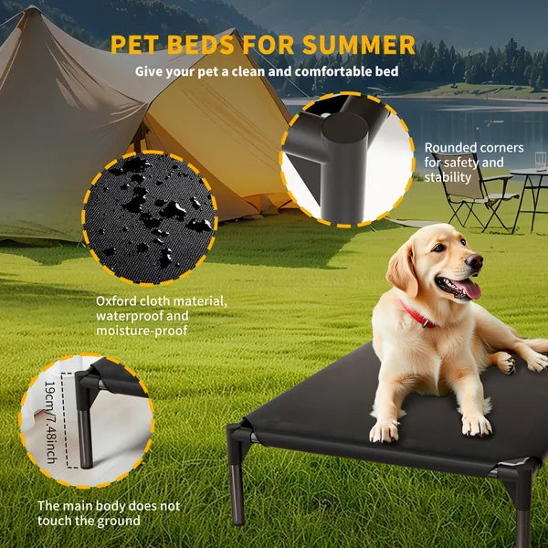 Portable elevated dog bed designed for camping, patios, backyards, and home use