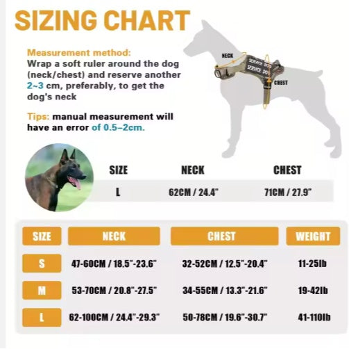 Dog harness sizing chart with measurement guide and illustrations