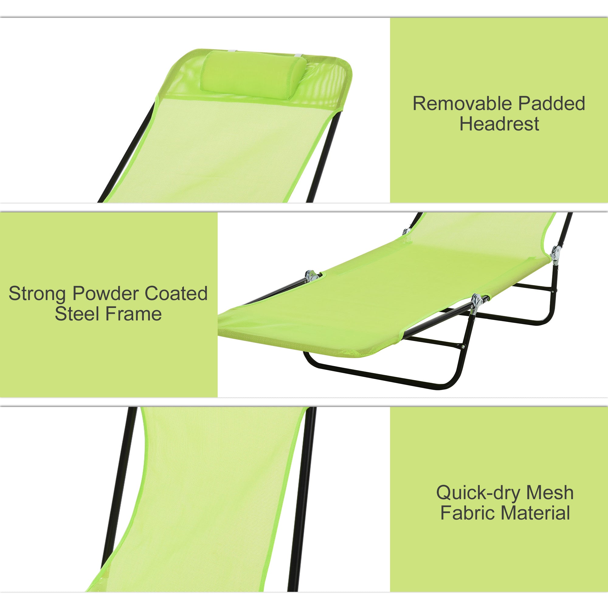 Green folding chaise lounge sun lounger with breathable fabric seat