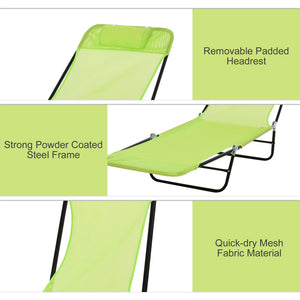 Green folding chaise lounge sun lounger with breathable fabric seat