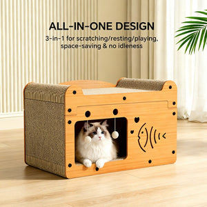 Interactive cat scratcher sofa with teaser balls