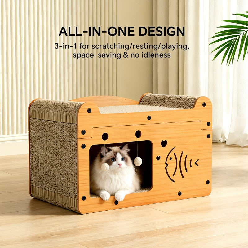 Interactive cat scratcher sofa with teaser balls