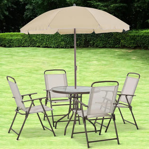 6-piece patio dining set with umbrella, tempered glass table, and four folding chairs for outdoor dining
