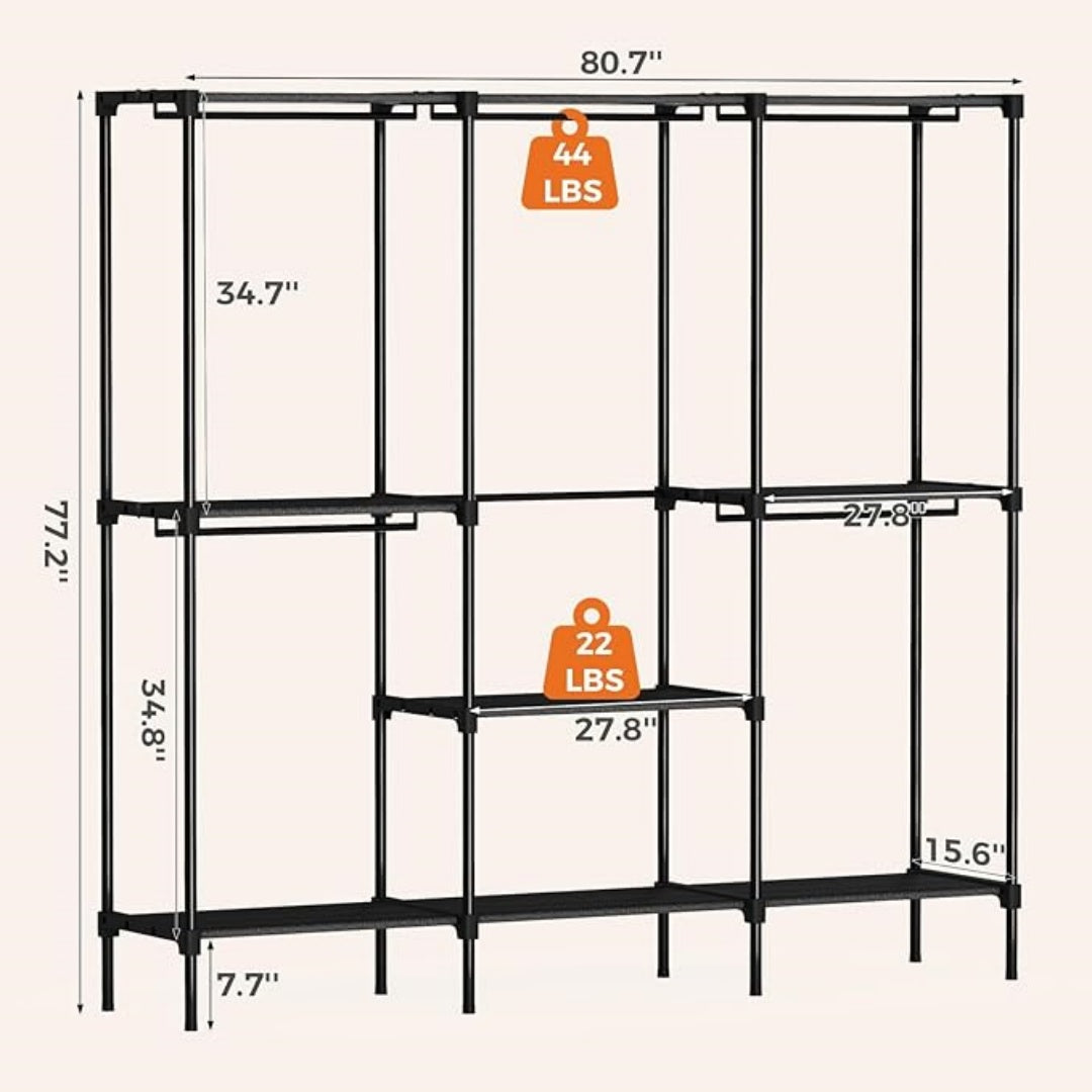 Bedroom wardrobe storage cabinet with adjustable hanging rod and multiple shelves