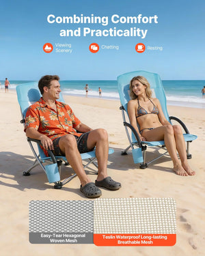 Extra wide camping chair with breathable mesh back and comfortable low-profile seating design