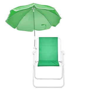 Beach chair with umbrella designed for outdoor relaxation and travel