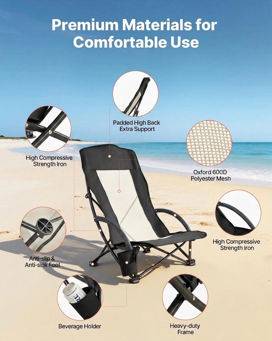 High back folding beach chair packed in carry bag