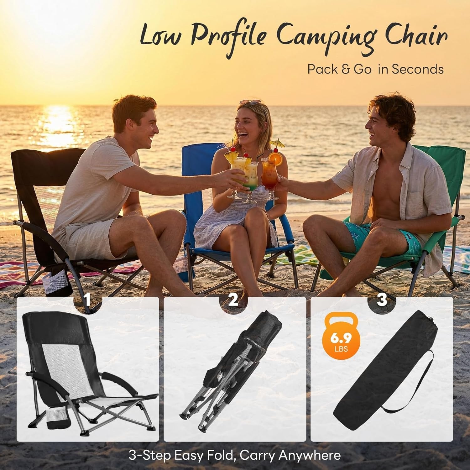 People sitting on low profile camping chairs by the beach with product features displayed.