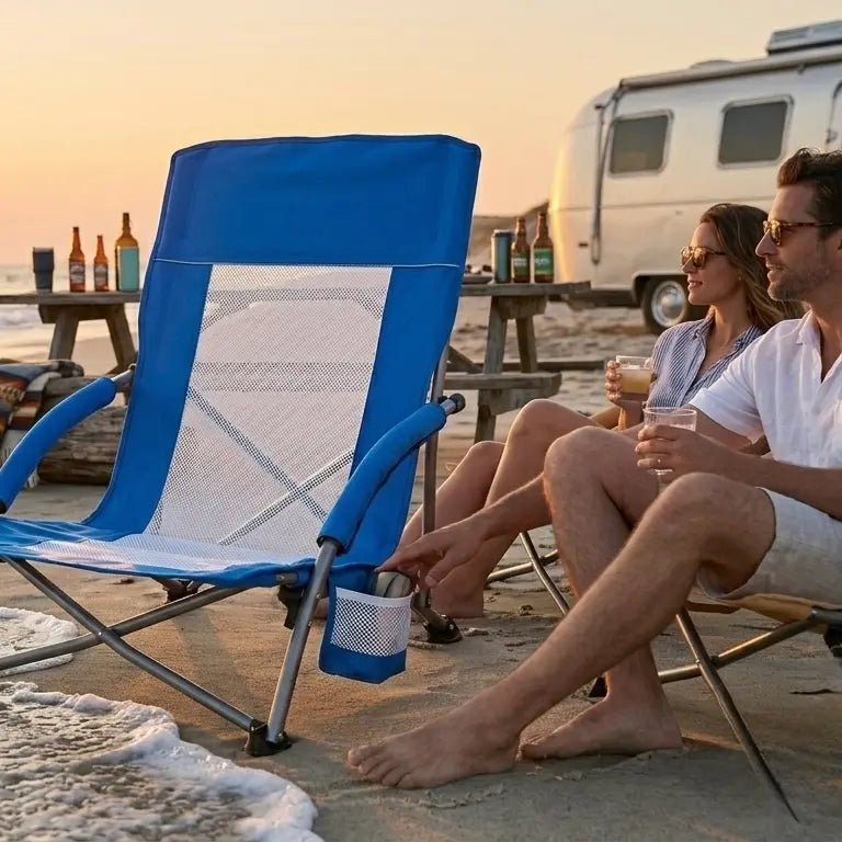 Low beach camping folding chair with cup holder and carry bag for outdoor camping, beach trips, travel, and picnics