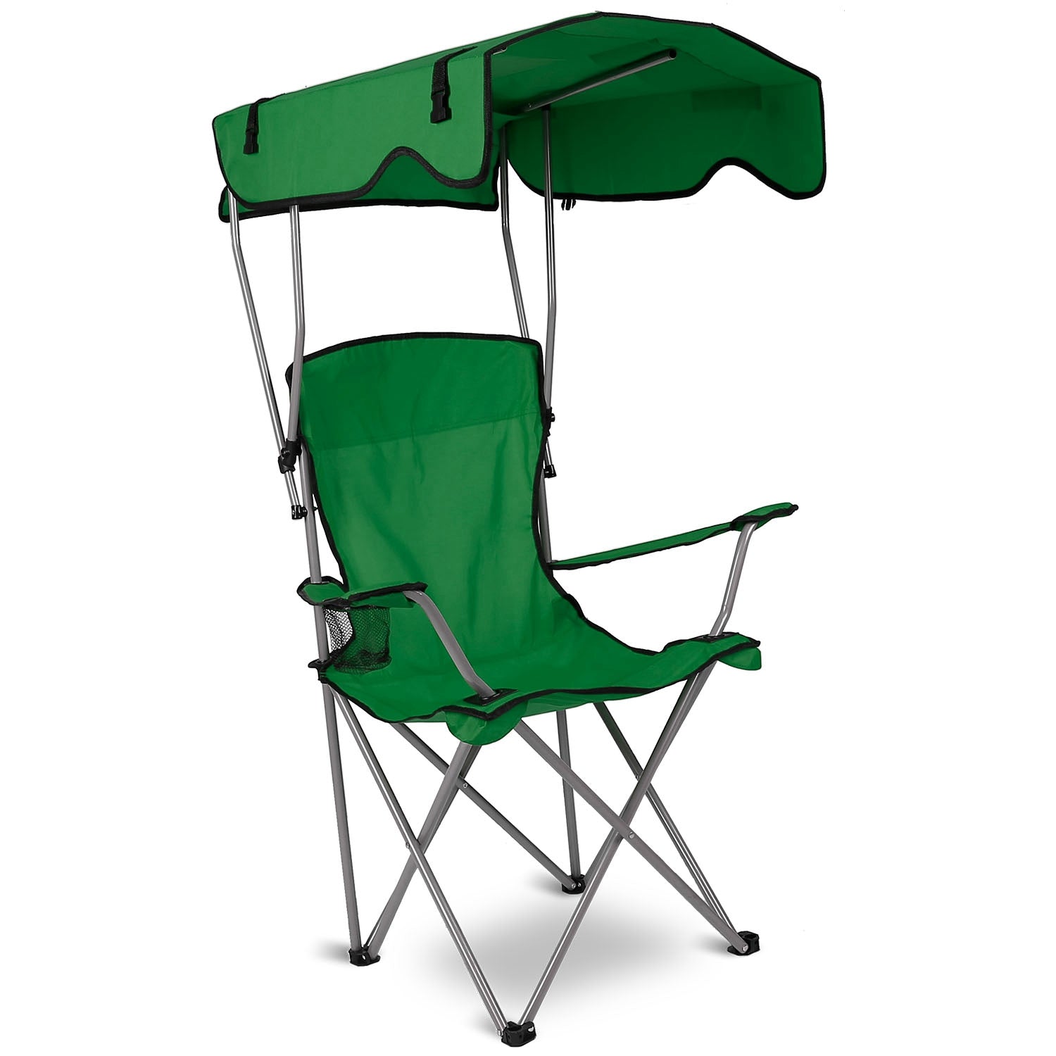 Portable outdoor camping chair with built-in sun shade canopy and durable steel frame