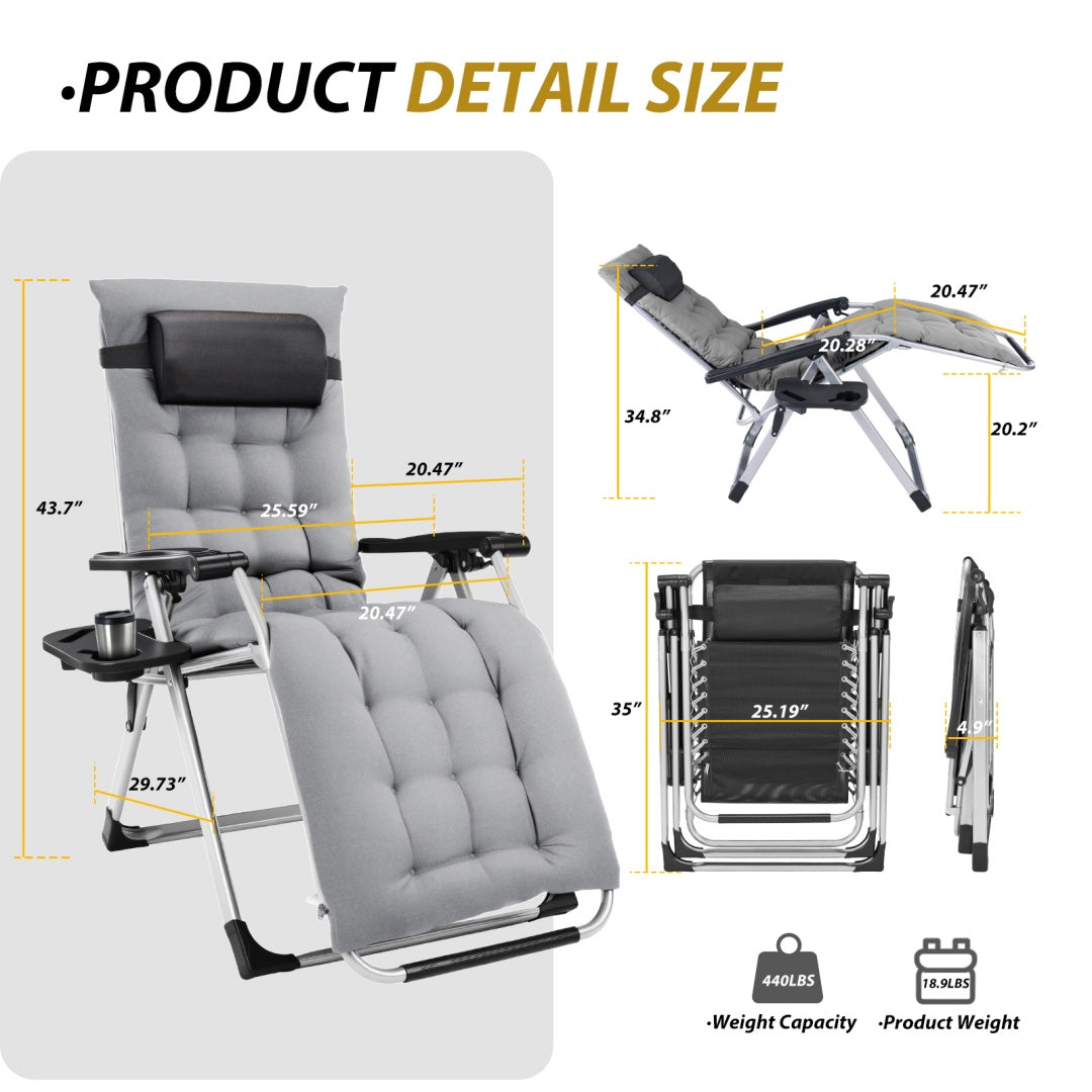 Premium zero gravity outdoor recliner with adjustable headrest, removable cushion, and compact folding design