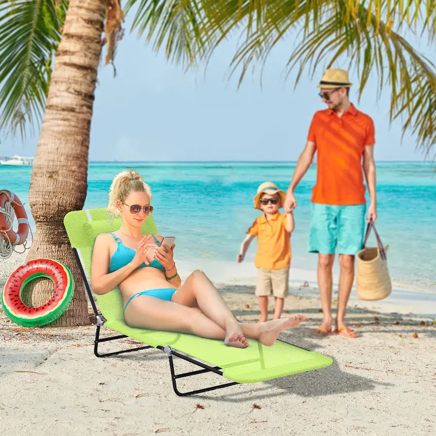 Luxury folding chaise lounge chair with reclining backrest for outdoor relaxation