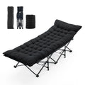 Foldable camping bed with mattress featuring heavy-duty steel frame for outdoor sleeping and travel